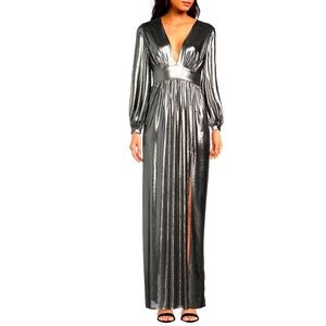Gianni Bini Zella Metallic Lame Plunging V-Neck Long Blouson Sleeve V-Back Front